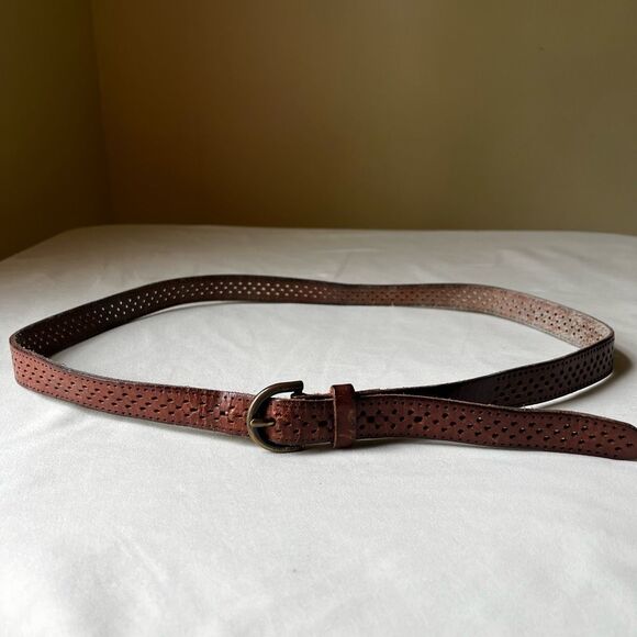 Vintage Perforated Leather Skinny Belt Brown with Brass Tone Buckle Casual XL - Picture 1 of 6